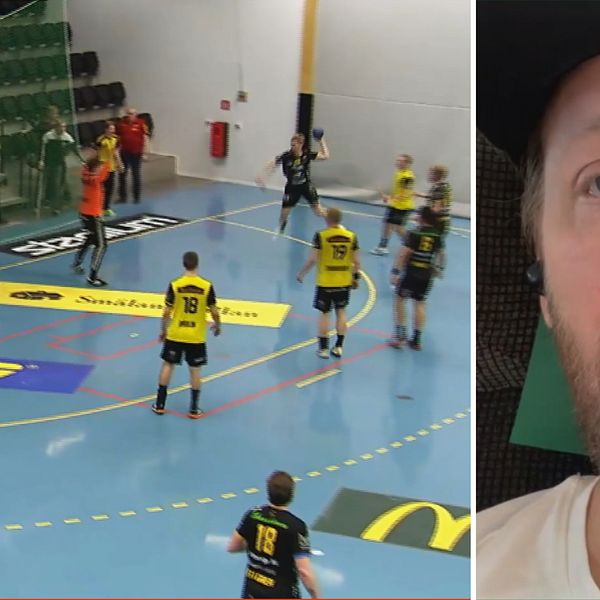 Tvådelad bild. Vänster: Handbollsmatch med spelare i gula och svarta tröjor.