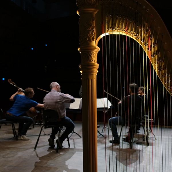 Stråkmusiker sitter på en scen och repeterar, bild tagen med en harpa i förgrunden.