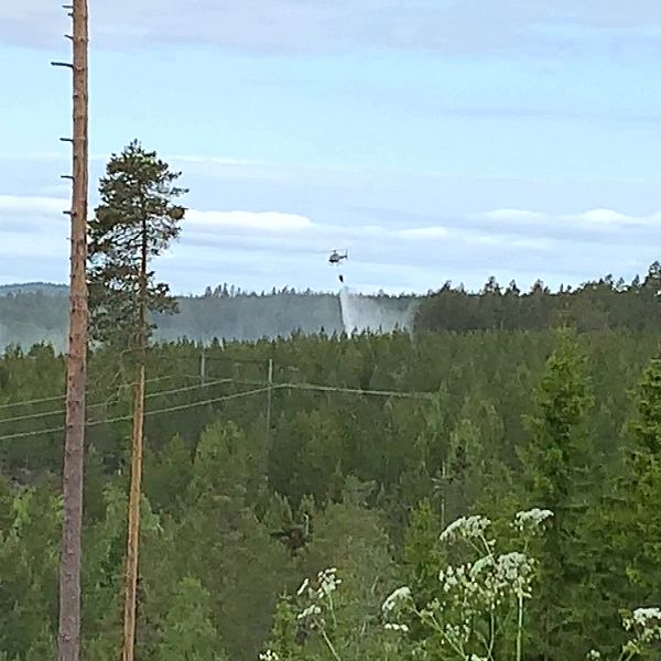 Helikopter släpper vatten på skogsbrand