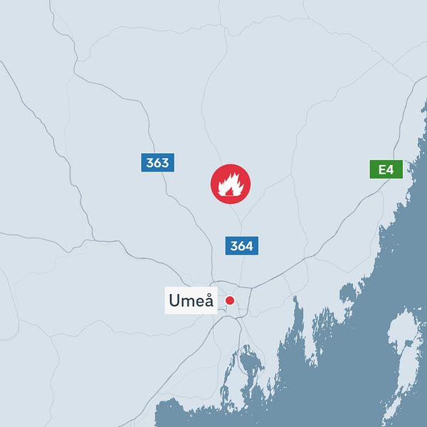 karta över Västerbottens kust och branden markerad