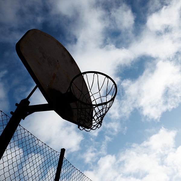 Basketkorg fotad underifrån i motljus.