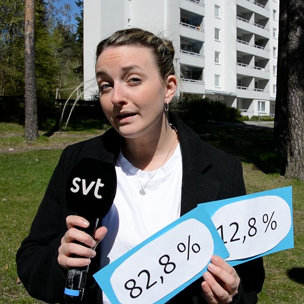 Reporter med skyltar som visar att i Ronna Norra i Södertälje röstade 12,8 procent och i  Södra Ängby i Bromma röstade 82,8 procent.