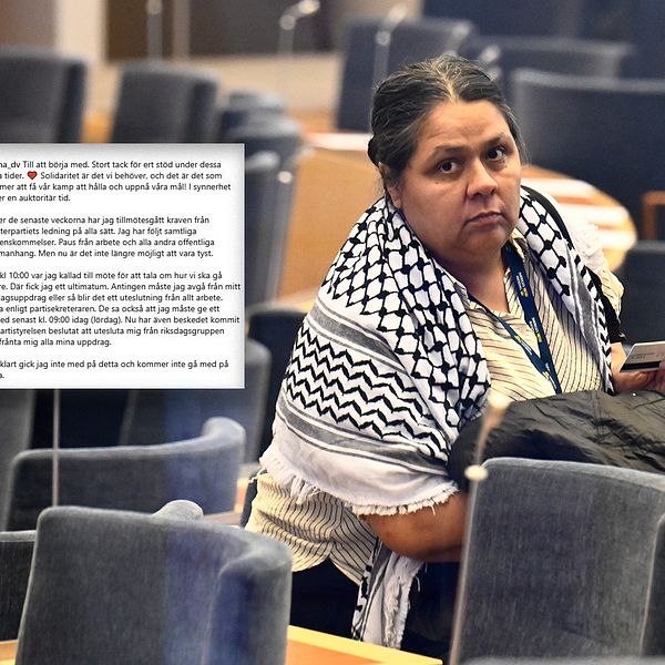 Person med palestinasjal i riksdagssal, utdrag ur textmeddelande synligt till vänster.