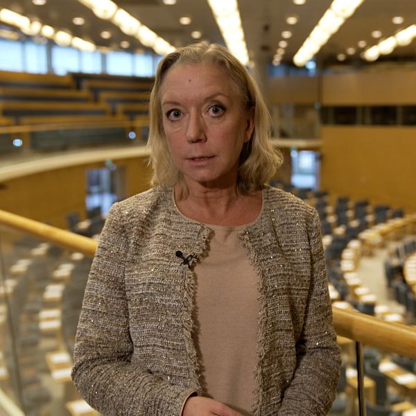 En person står i bakgrunden av en svensk parlamentskammare med rader av tomma stolar och Sveriges flagga synlig på väggen.