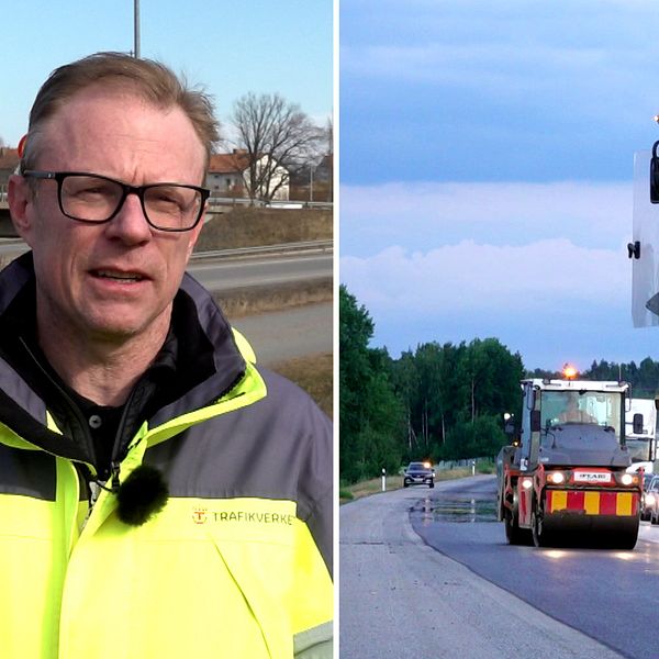 Tvådelad bild. Vänster: person i reflexjacka. Höger: vägarbeten med stor maskin på motorväg.