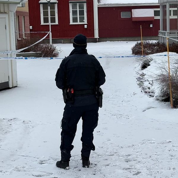Avspärrning efter misstänkta mordförsöken i Skellefteå. En polis i förgrunden.