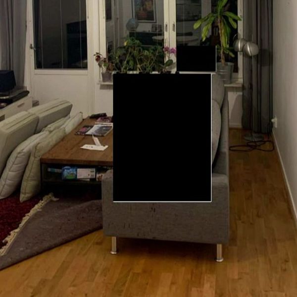 Vardagsrum med en hörnsoffa i grått och ett soffbord i trä. I bakgrunden syns stora fönster som släpper in ljus, samt växter i fönstret. En TV står på en vit mediabänk. Golvet är av trä, och det finns en röd matta delvis synlig. Över soffan är en stor svart ruta.