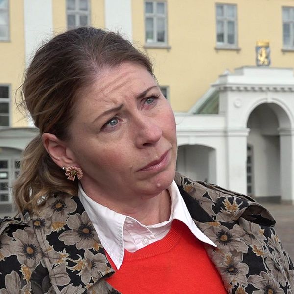 Elisabet Lann blir intervjuad på Grustav Adolfs torg om skjutningen mot israeliska företaget Elbit