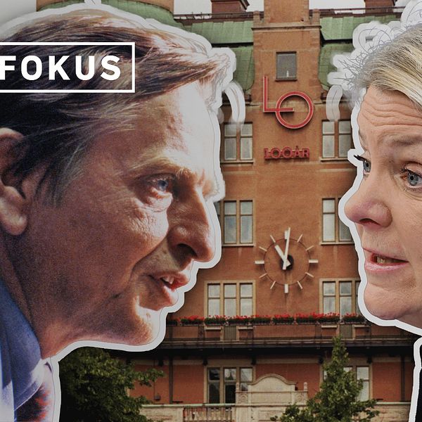 Montage med Olof Palme och Magdalena Andersson med LO-huset i bakgrunden