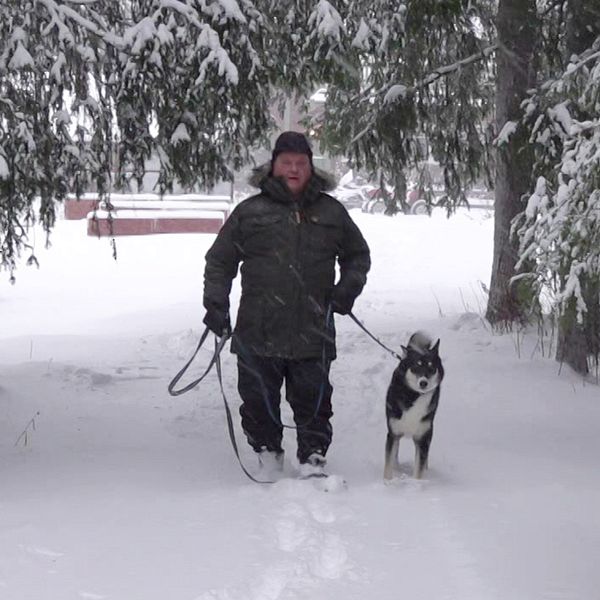 Anders Lundkvist promenerar med en hund i ett snöigt skogslandskap.