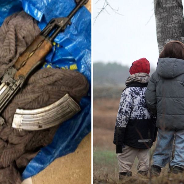 Delad bild. Vänster: vapen på blå presenning. Höger: tre barn står vid ett träd utomhus.