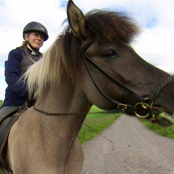 En präst som rider en brun häst utomhus.