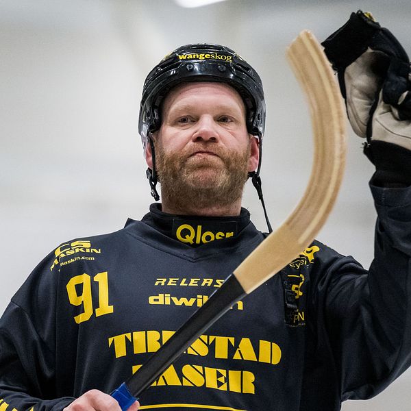 Ishockeyspelare i matchtröja med klubba och skyddsutrustning. Nummer 91.