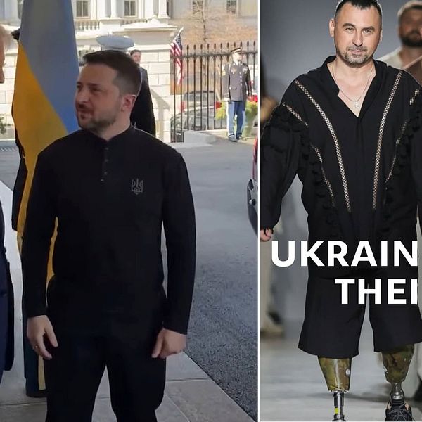 Tvådelad bild. Vänster: Trump och Zelensky samtalar utomhus. Höger: Modeller i modevisning, text ”UKRAINIANS HAVE THEIR SUITS”.