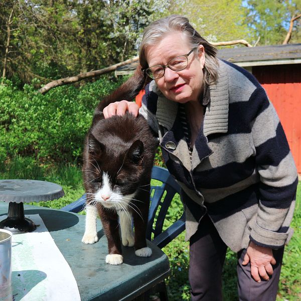 Person klappar en katt utomhus vid ett bord, med röd stuga och grönska i bakgrunden.