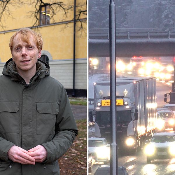 Meteorolog Marcus Sjöstedt och biltrafik i snöväder.
