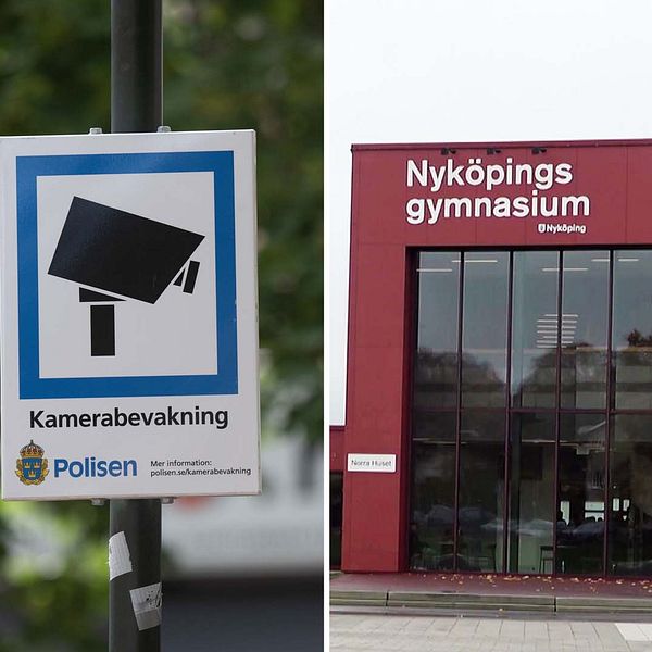 En skylt om kamerabevakning, med polisens logotyp på. Entrén till Nyköpings gymnasium.