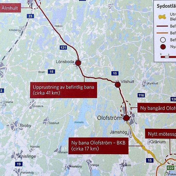Karta över järnvägssatsningen Sydostlänken.