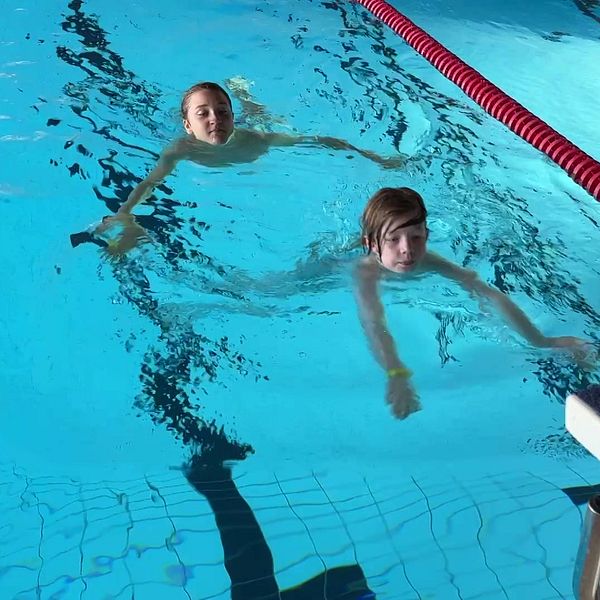 Loke och Milton simmar tillsammans i bassängen under höstlovet i Karlshamn.