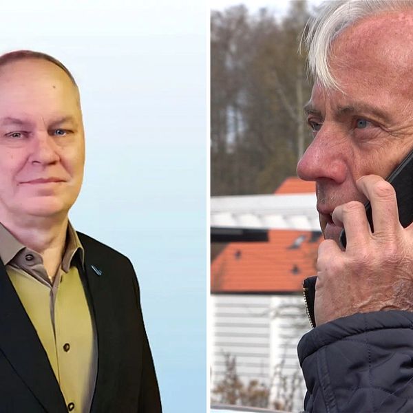 Bildmontage med ett porträtt på Kjell Fransson i en fotostudio och bild på Reidar Svedahl som pratar i telefon.