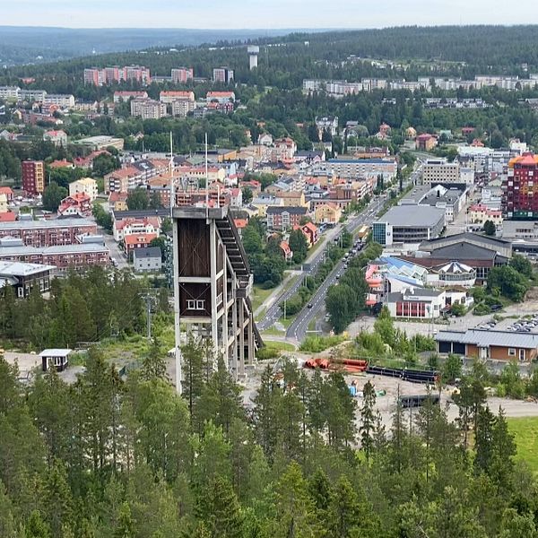 Vy över Örnsköldsvik med stadens bebyggelse och skog i förgrunden.