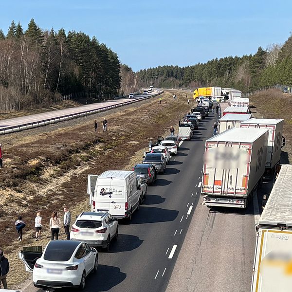 Lång trafikkö på motorvägen, bilar och lastbilar står stilla.