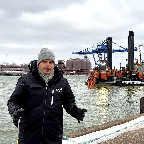 Person vid kaj med byggarbetsplats och kranar i bakgrunden vid vattnet.