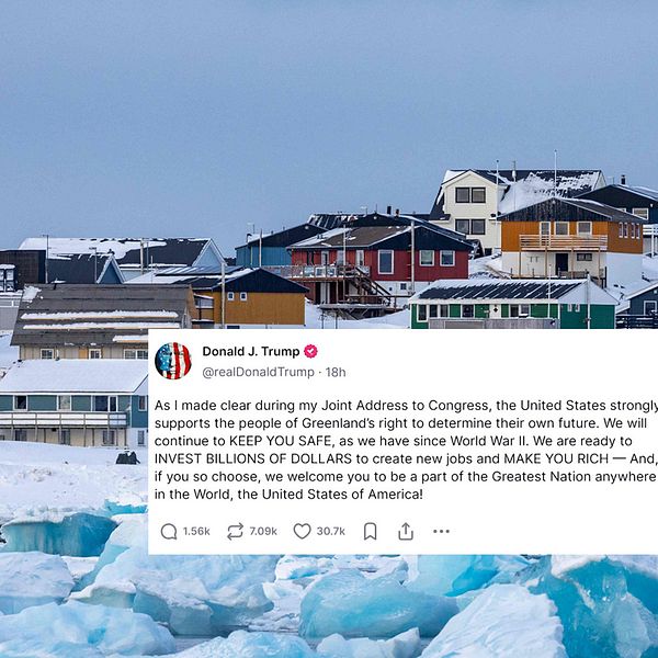 Färgglada hus i snöigt Grönland. En tweet från Donald Trump överlappar bilden.