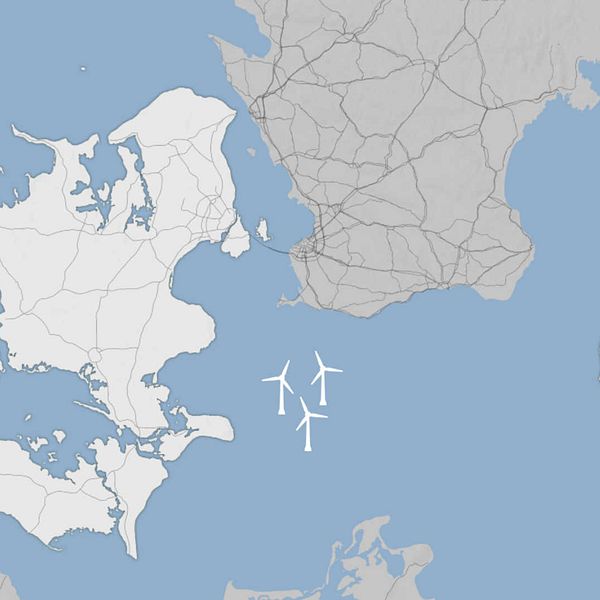 Tre vindkraftverk i grafik som illustrerar projektet Kriegers flak, cirka 30 kilometer söder om Trelleborg.