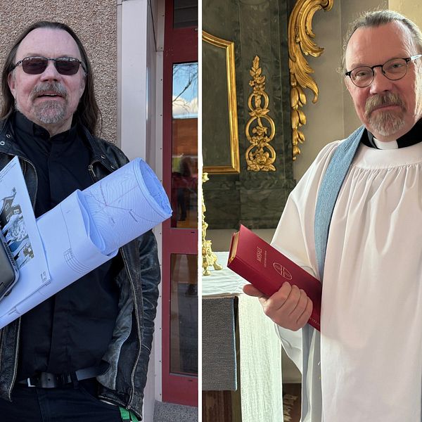 Tvådelad bild. Vänster: person med dokumentrullar. Höger: präst med bok i kyrka.