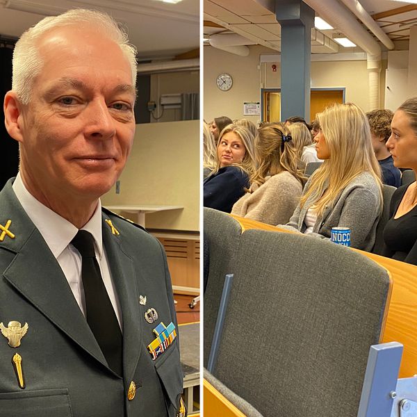 Överstelöjtnant Joakim Paasikivi får frågor om Nato av gymnasieelever