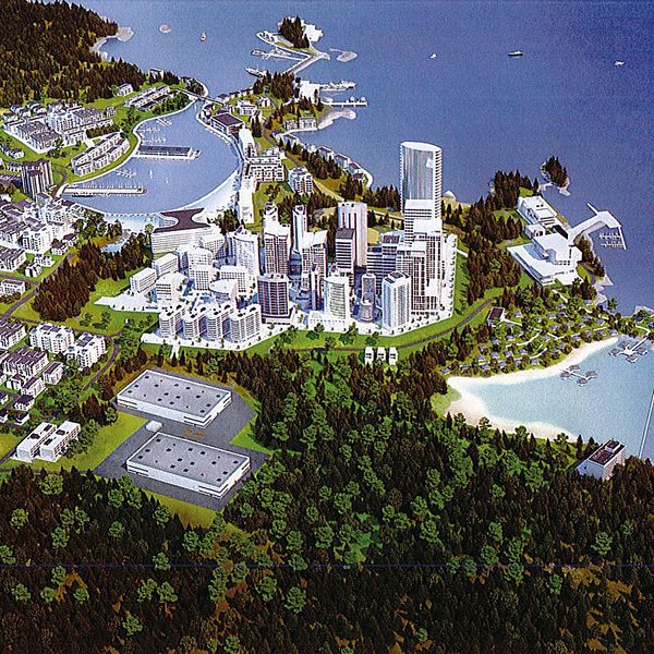Illustration över ett modernt stadsområde vid vattnet med skog, strand och ett kryssningsfartyg.
