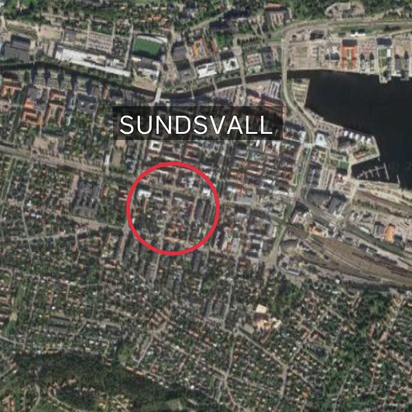 Kartbild på centrala Sundsvall, med kvarteret bisittaren markerat i en röd cirkel