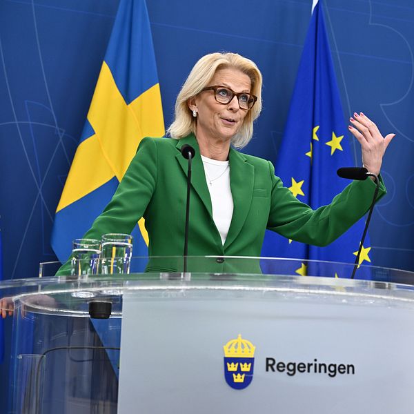 Finansminister Elisabeth Svantesson i grön kavaj står vid en talarpodium med glas vatten och en mikrofon, omgiven av svenska och europeiska flaggor. Hon gestikulerar med ena handen. Texten på podiumet visar ”Regeringen”.