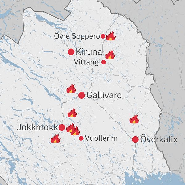 Minst åtta skogsbränder har pågått i Norrbotten under söndagen, här utmarkerade på en karta.
