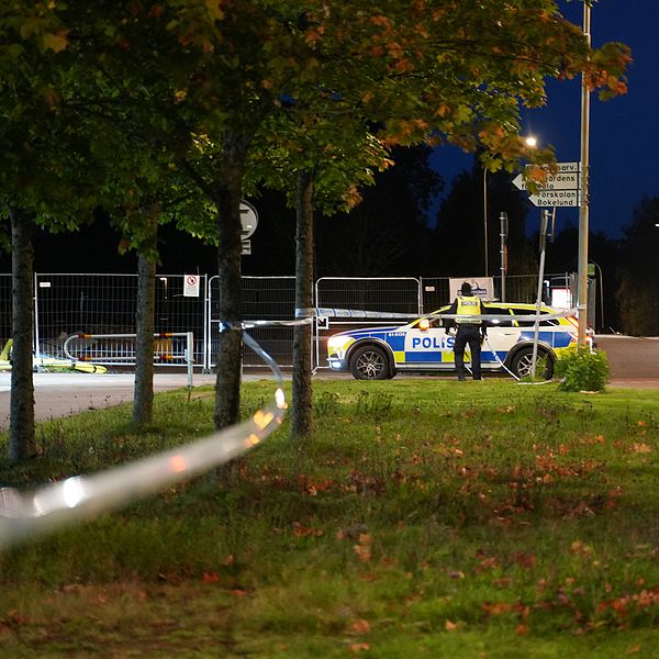 gräsmatta och träd vid polisens avspärrningar, vid bilväg i Araby i Växjö