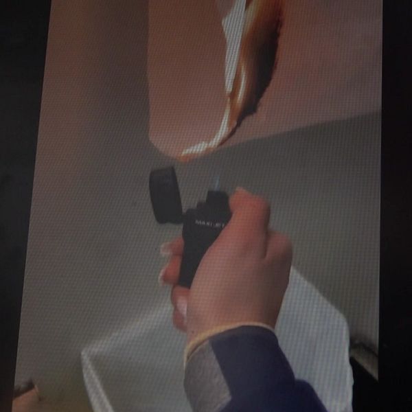En hand håller en kamera riktad mot en vägg där en fiskbild projicerats. Bakgrunden är suddig och visar en modern inomhusmiljö.