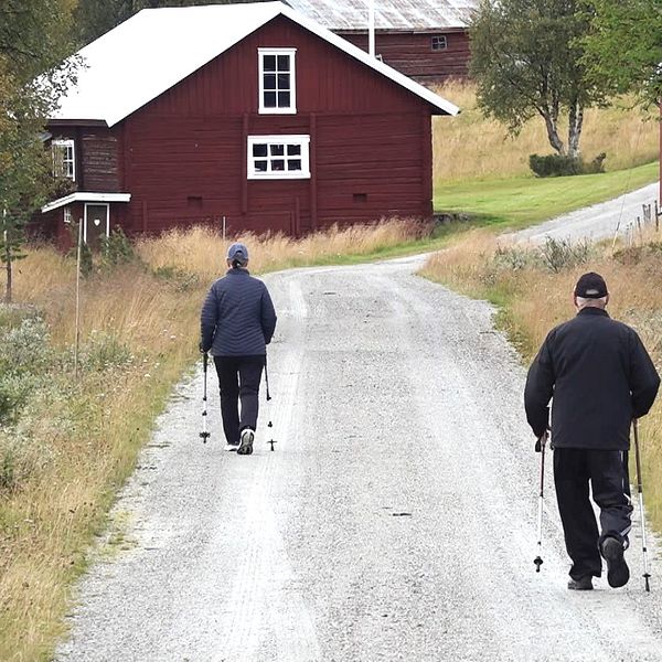 Två äldre människor går längs den enskilda vägen genom byn Högvålen i Härjedalen