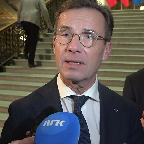 Ulf Kristersson intervjuas i en trappa med mikrofoner framför sig