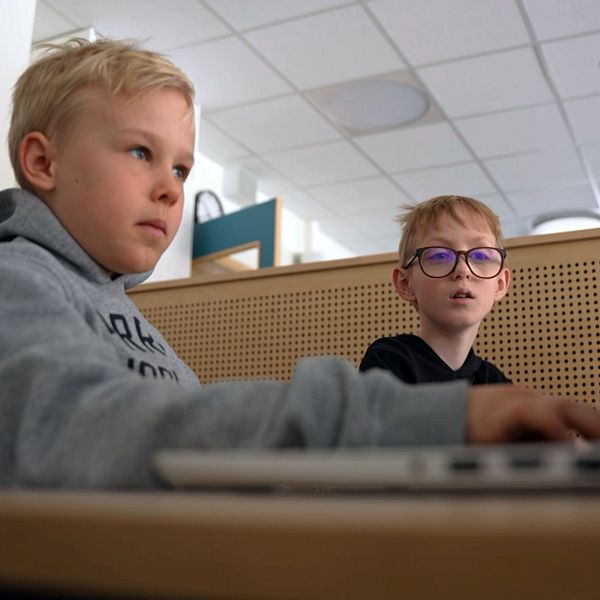två pojkar i en mellanstadieklass arbetar vid en dator