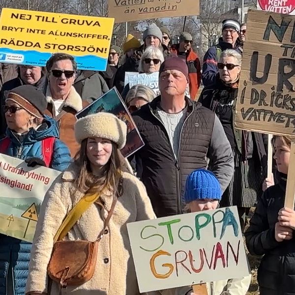 Evelina Solsten och andra demonstranter håller skyltar mot gruvbrytning i Österängsparken.