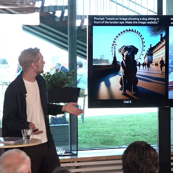 SVT:s reporter Simon Krona berättar hur SVT jobbar med verifiering och visar exempel. Här AI-skapade bilder på hundar framför eller inne i London Eye i London.