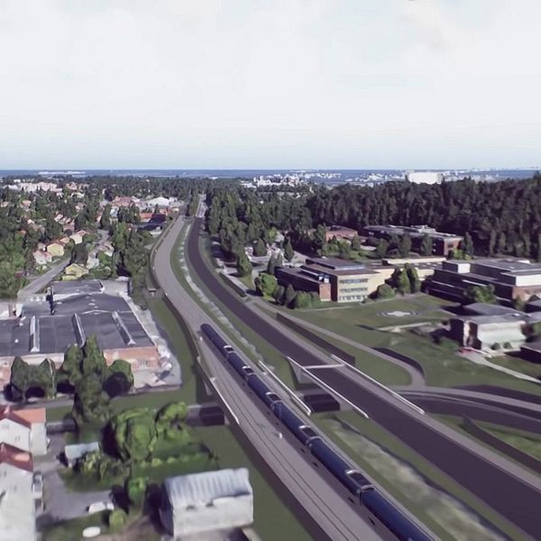 Illustration av Norrbotniabanan genom bostadsområde i Skellefteå