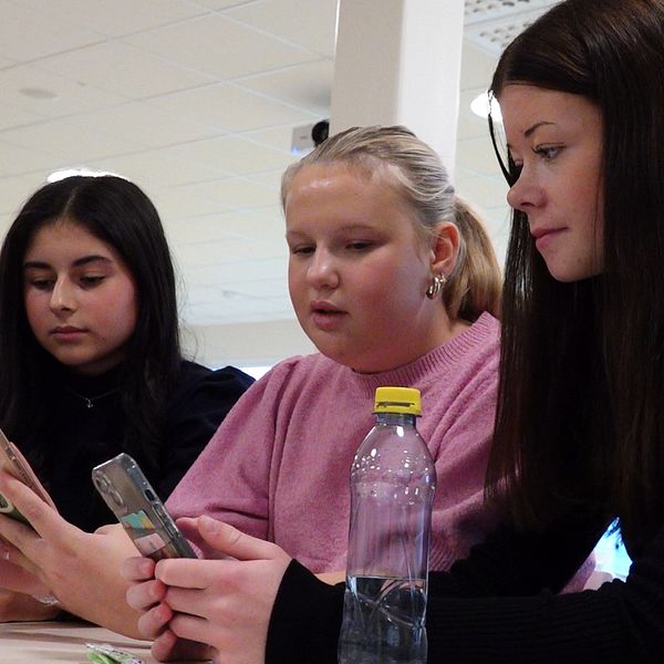 Tre personer sitter vid ett bord och tittar på sina mobiltelefoner. En av dem håller en vattenflaska. Rummet är ljust och har en modern inredning.