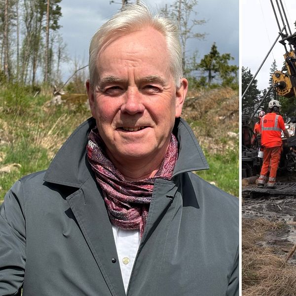 Delad bild. Till vänster: person håller upp stenprov i skog. Till höger: arbetare vid borrigg.