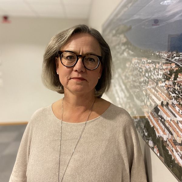 Äldreomsorgschef Camilla Johansson står i en inomhusmiljö. Hon har grått hår och bär en beige tröja. Miljön är ljus och modern.