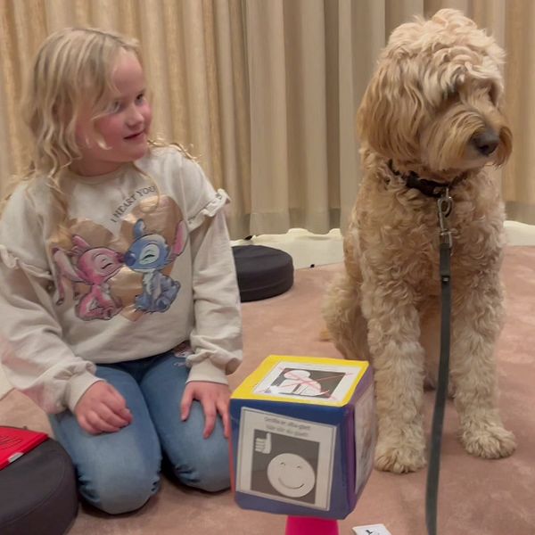 Aimie, 6, leker med läshunden Smilla på Karlshamns bibliotek tillsammans med en vuxen.
