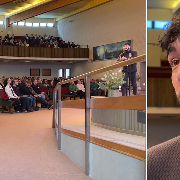 Atilla Yoldaș står på scenen framför gymnasieelever när han föreläser om machokultur.