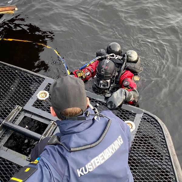 En kustbevakare hjälper upp en dykare i båten.