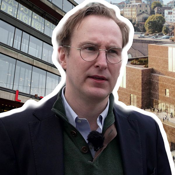 Partiledaren för Arkitekturupproret framför Kulturhuset i Stockholm och en visionsbild över Nobel Center vid Slussen.